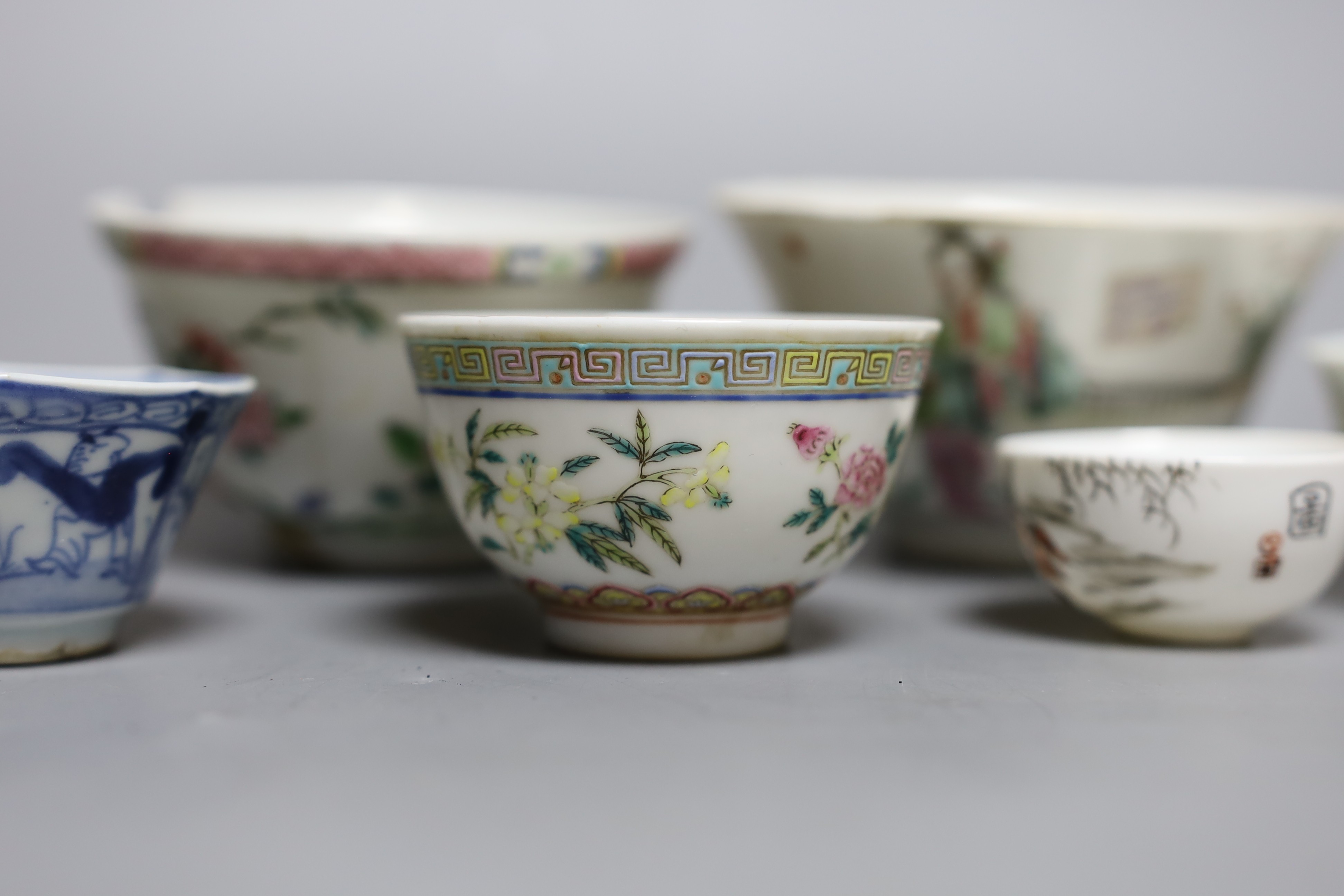 A Chinese Dehua libation cup, eight 18th century and later Chinese porcelain tea bowls and a Kutani tea bowl
